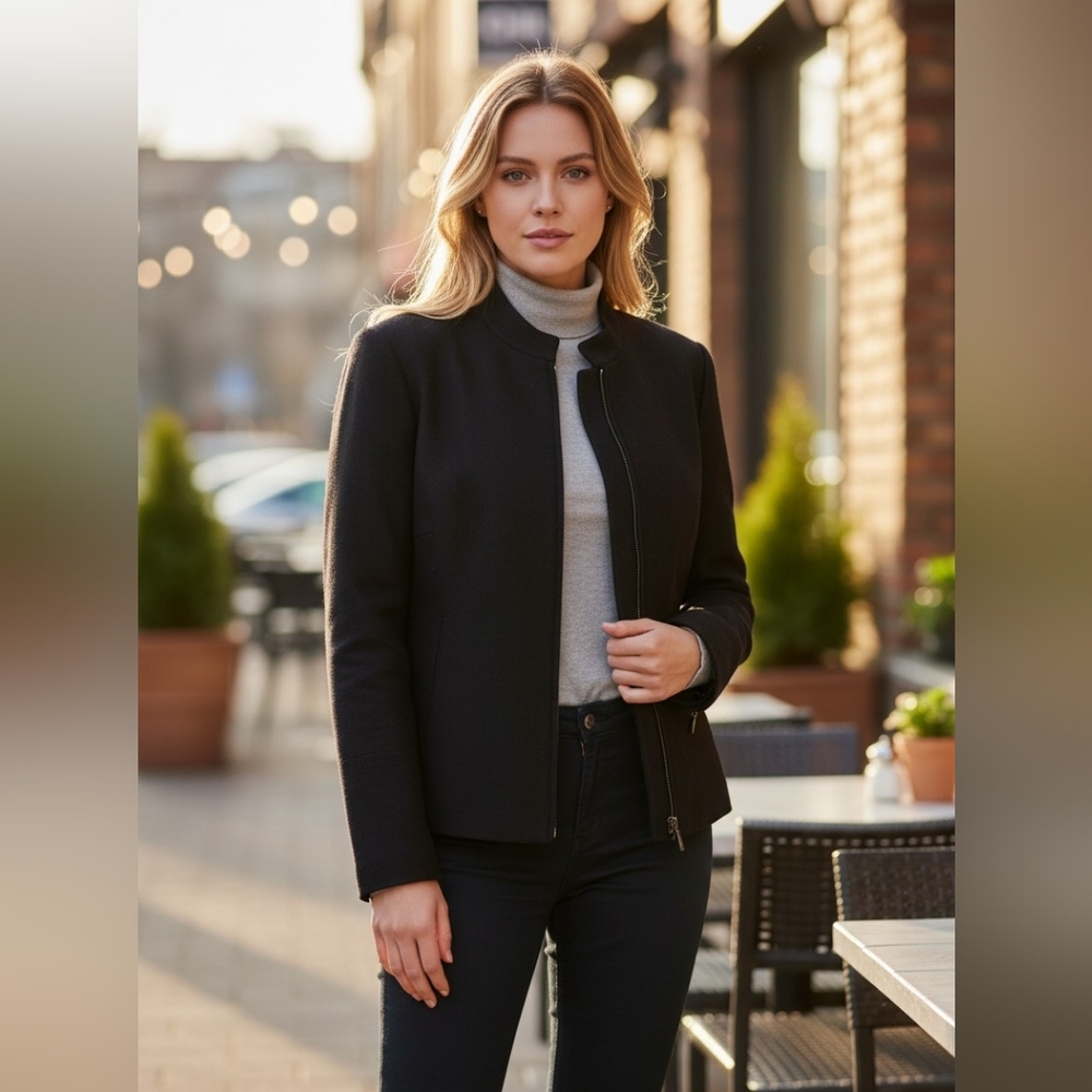 Jobis Wool/ Angora Elegant Black Women's Bomber Jacket